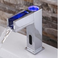 High quality brass material Automatic sensor glass faucet deck mounted wash basin faucet with LED light hot cold water mixer tap